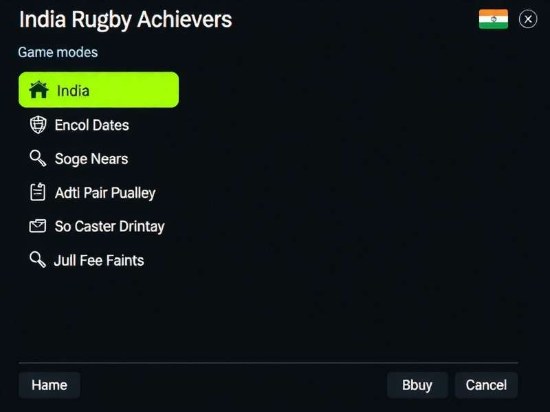India Rugby Achievers game modes selection screen showing various options